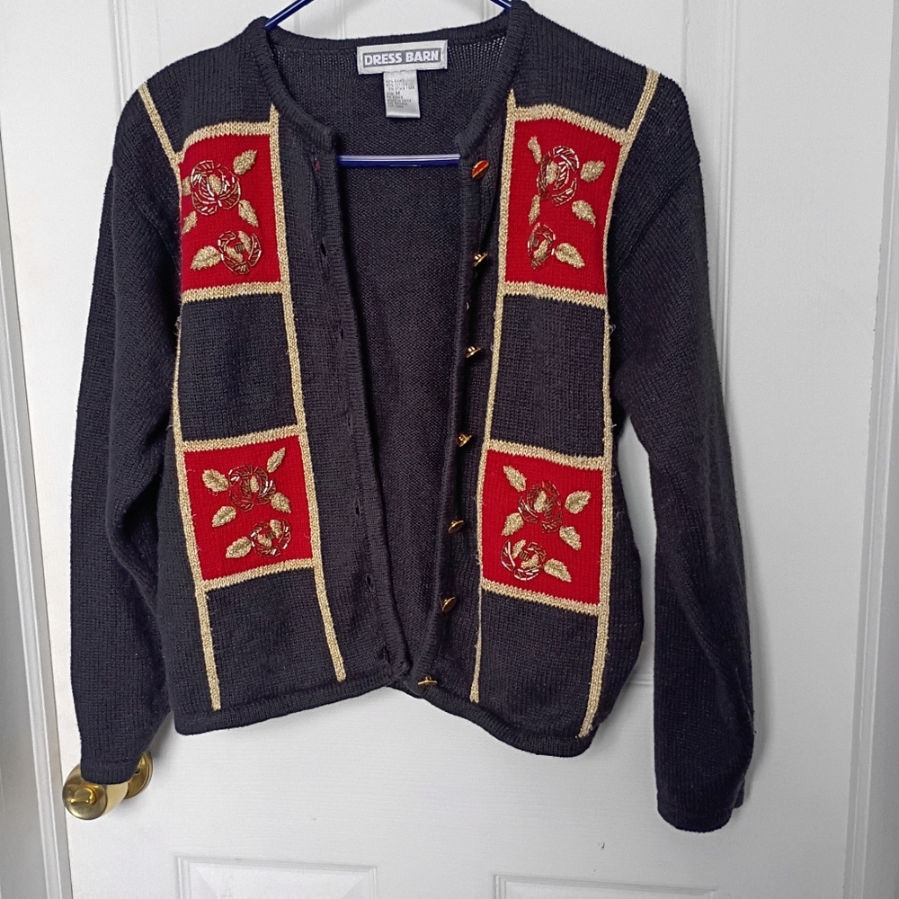 Vintags Dress Barn Black Cardigan with Red Floral Accents